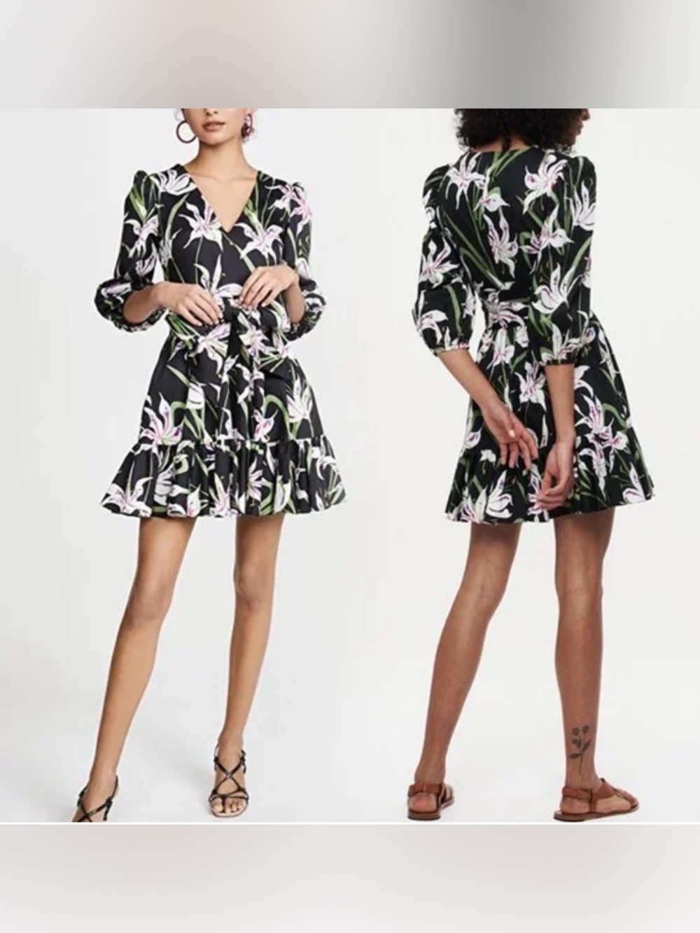 Borgo De Nor Anita Mini Dress Black Multicolor Lilly Print Ruffle Hem Belted 10